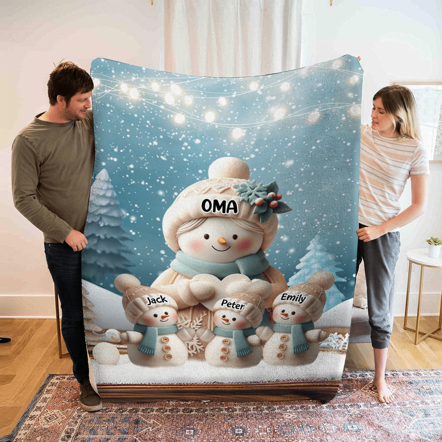Personalisierte 4 Namen Flanell-Decke mit Schneemann –Oma & Enkelkinder– Kuschelige Decke für Oma Großmütter