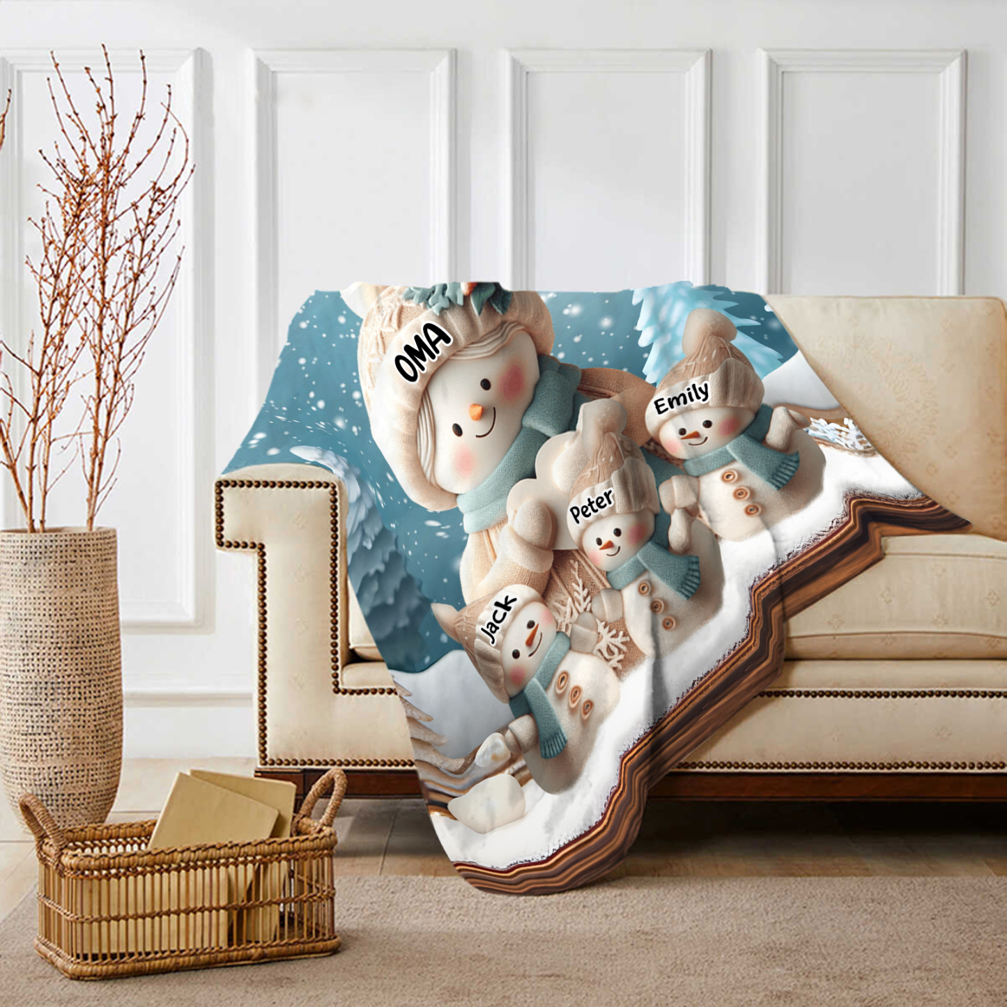 Personalisierte 4 Namen Flanell-Decke mit Schneemann –Oma & Enkelkinder– Kuschelige Decke für Oma Großmütter