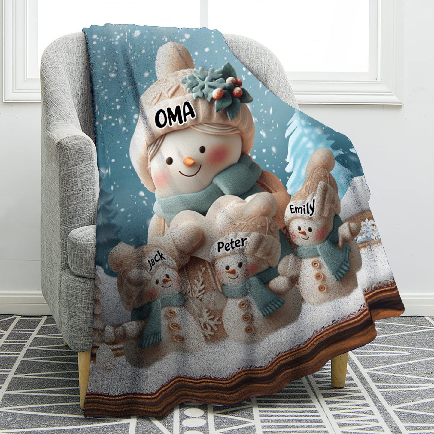 Personalisierte 4 Namen Flanell-Decke mit Schneemann –Oma & Enkelkinder– Kuschelige Decke für Oma Großmütter