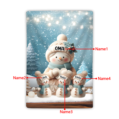 Personalisierte 4 Namen Flanell-Decke mit Schneemann –Oma & Enkelkinder– Kuschelige Decke für Oma Großmütter