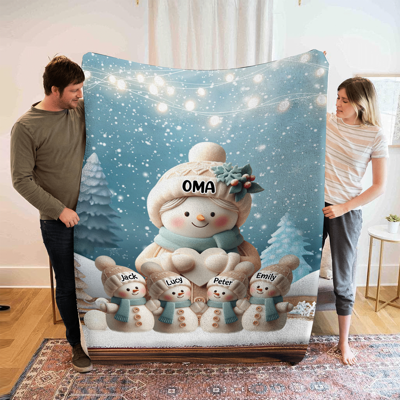 Personalisierte 5 Namen Flanell-Decke mit Schneemann –Oma & Enkelkinder– Kuschelige Decke für Oma Großmütter