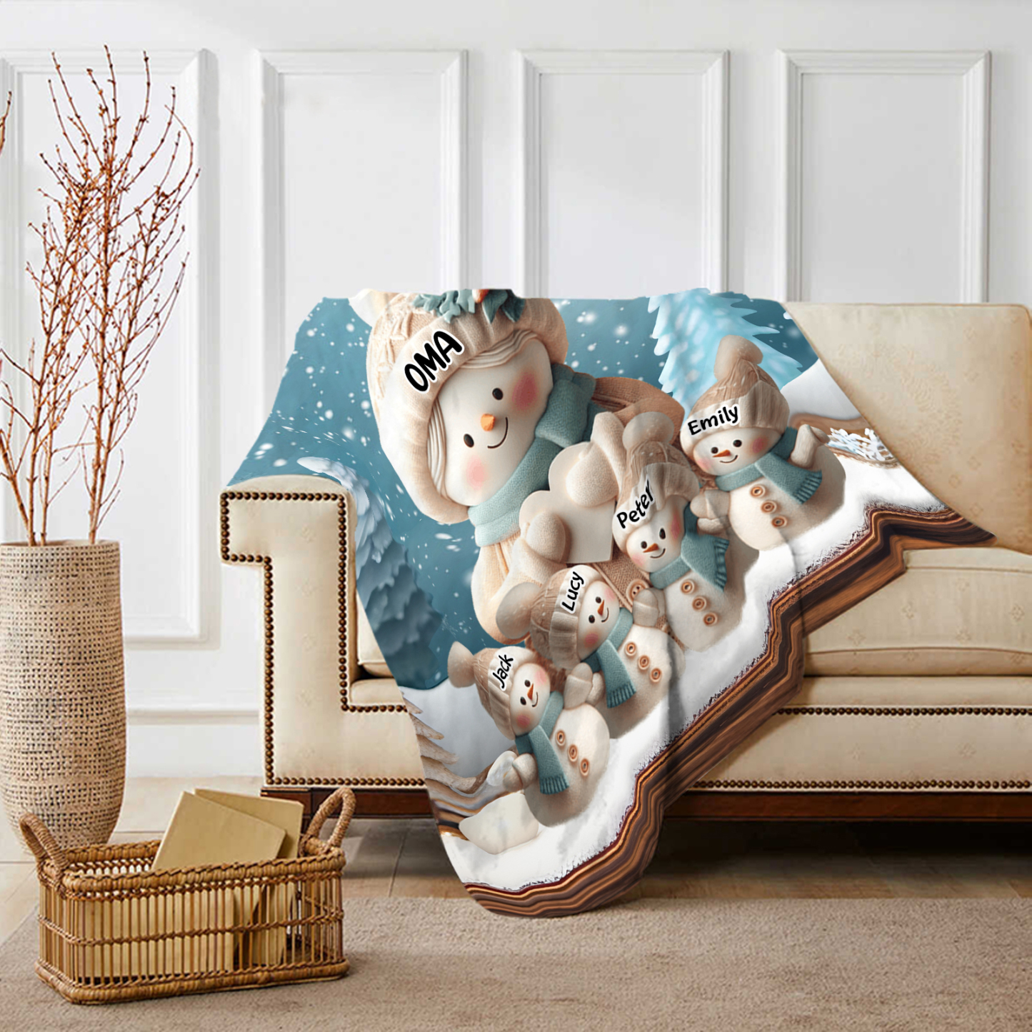 Personalisierte 5 Namen Flanell-Decke mit Schneemann –Oma & Enkelkinder– Kuschelige Decke für Oma Großmütter