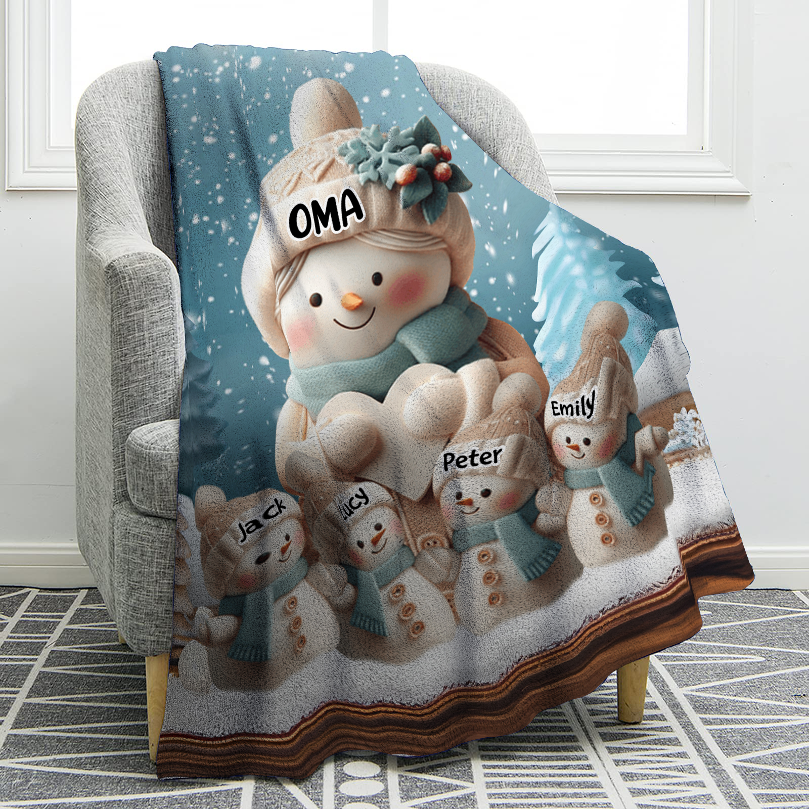 Personalisierte 5 Namen Flanell-Decke mit Schneemann –Oma & Enkelkinder– Kuschelige Decke für Oma Großmütter