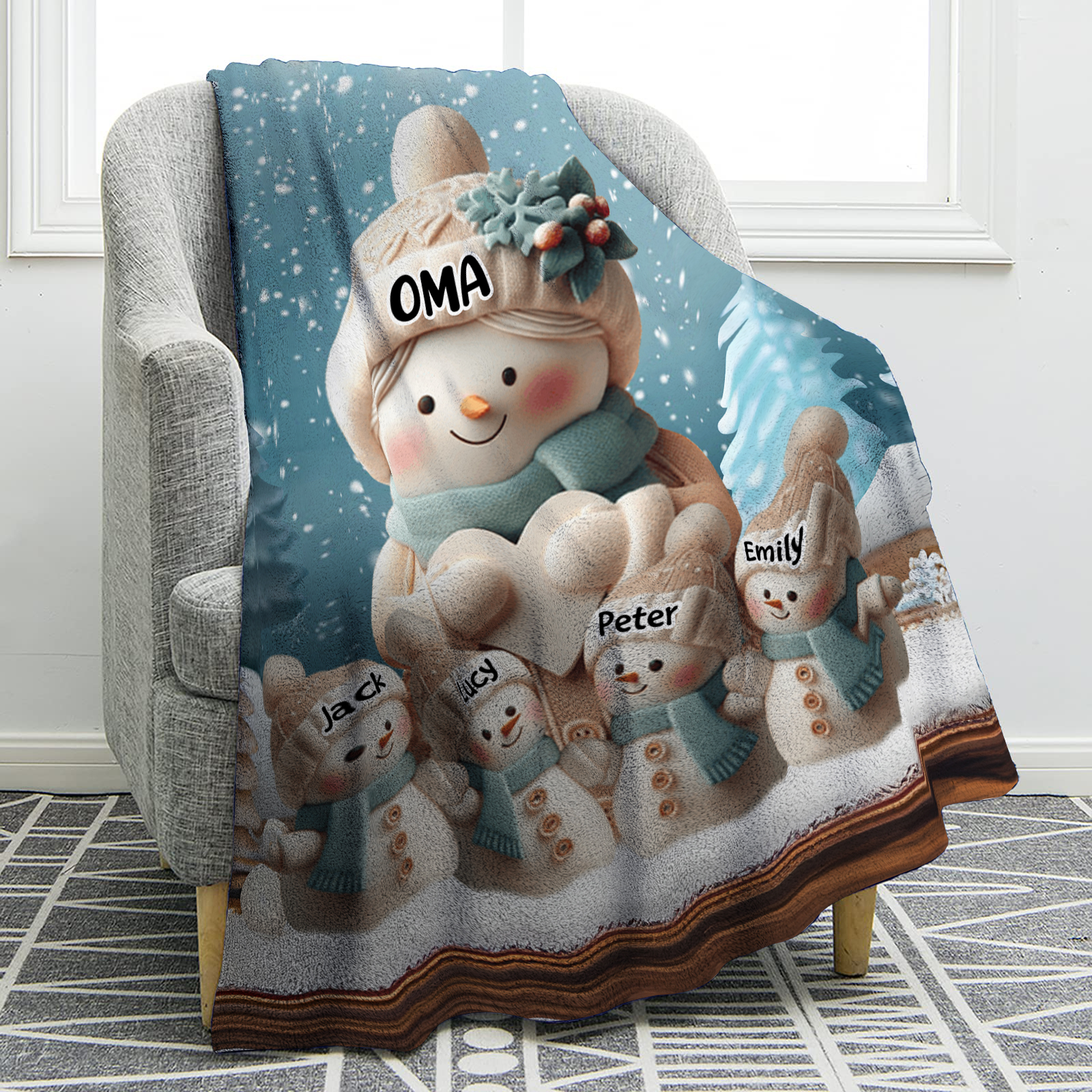 Personalisierte 5 Namen Flanell-Decke mit Schneemann –Oma & Enkelkinder– Kuschelige Decke für Oma Großmütter