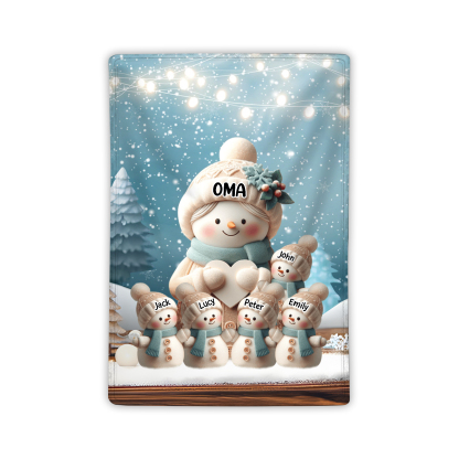 Personalisierte 6 Namen Flanell-Decke mit Schneemann –Oma & Enkelkinder– Kuschelige Decke für Oma Großmütter