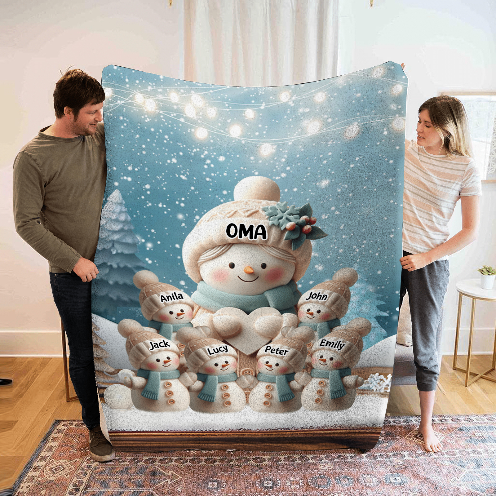 Personalisierte 7 Namen Flanell-Decke mit Schneemann –Oma & Enkelkinder– Kuschelige Decke für Oma Großmütter