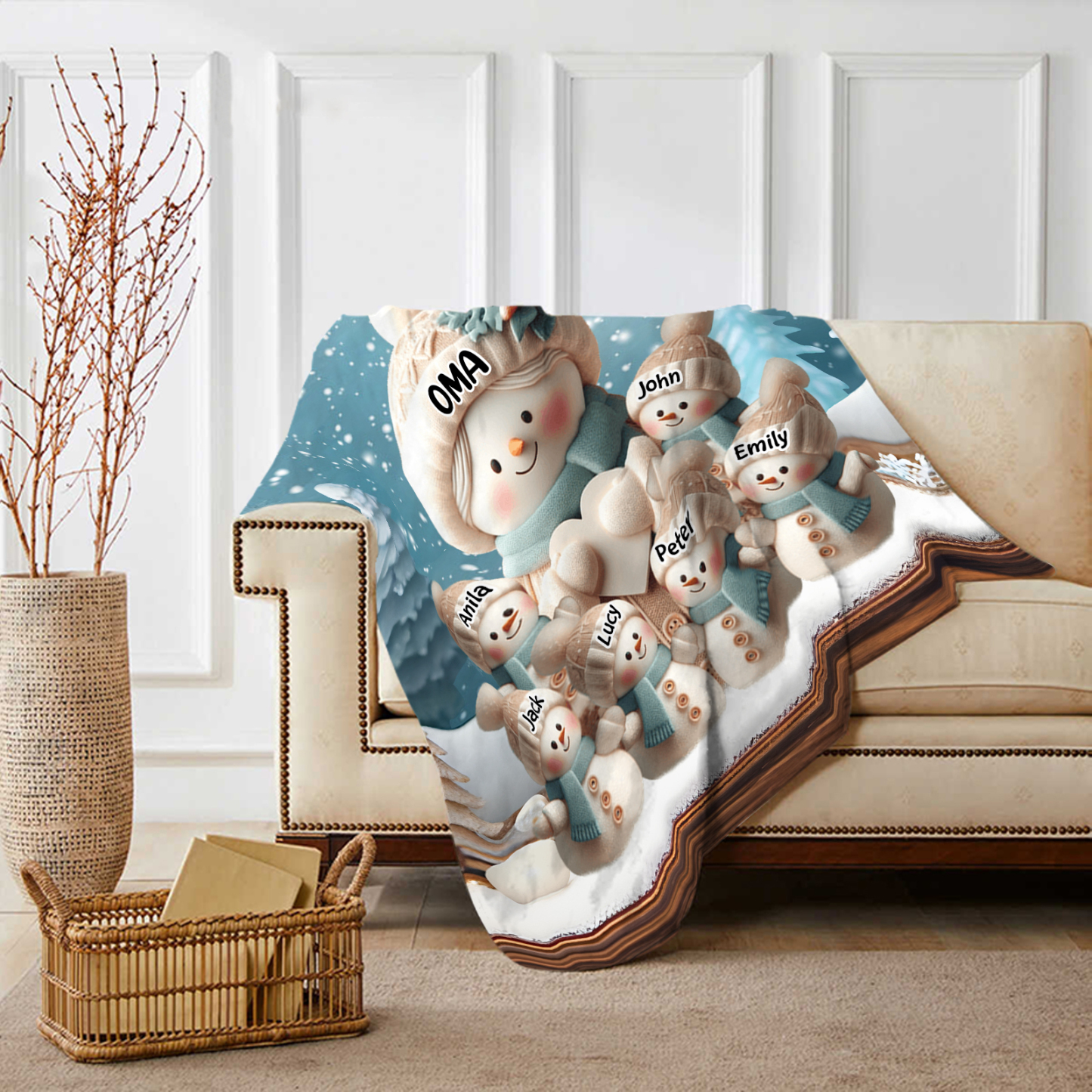 Personalisierte 7 Namen Flanell-Decke mit Schneemann –Oma & Enkelkinder– Kuschelige Decke für Oma Großmütter