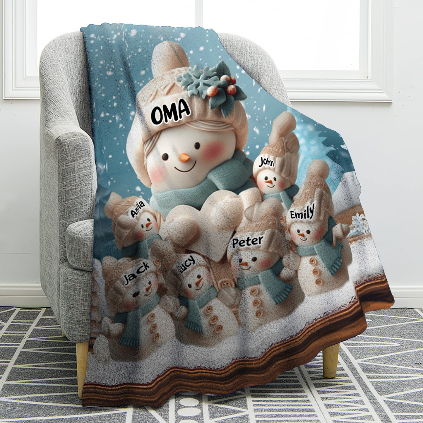 Personalisierte 7 Namen Flanell-Decke mit Schneemann –Oma & Enkelkinder– Kuschelige Decke für Oma Großmütter