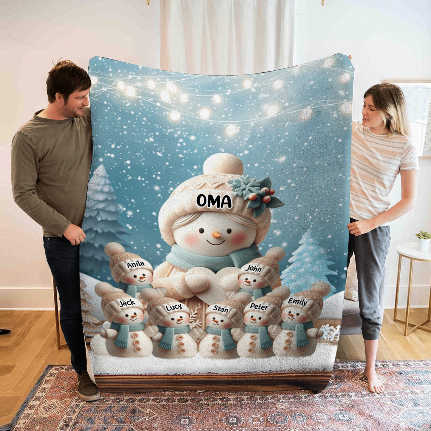 Personalisierte 8 Namen Flanell-Decke mit Schneemann –Oma & Enkelkinder– Kuschelige Decke für Oma Großmütter