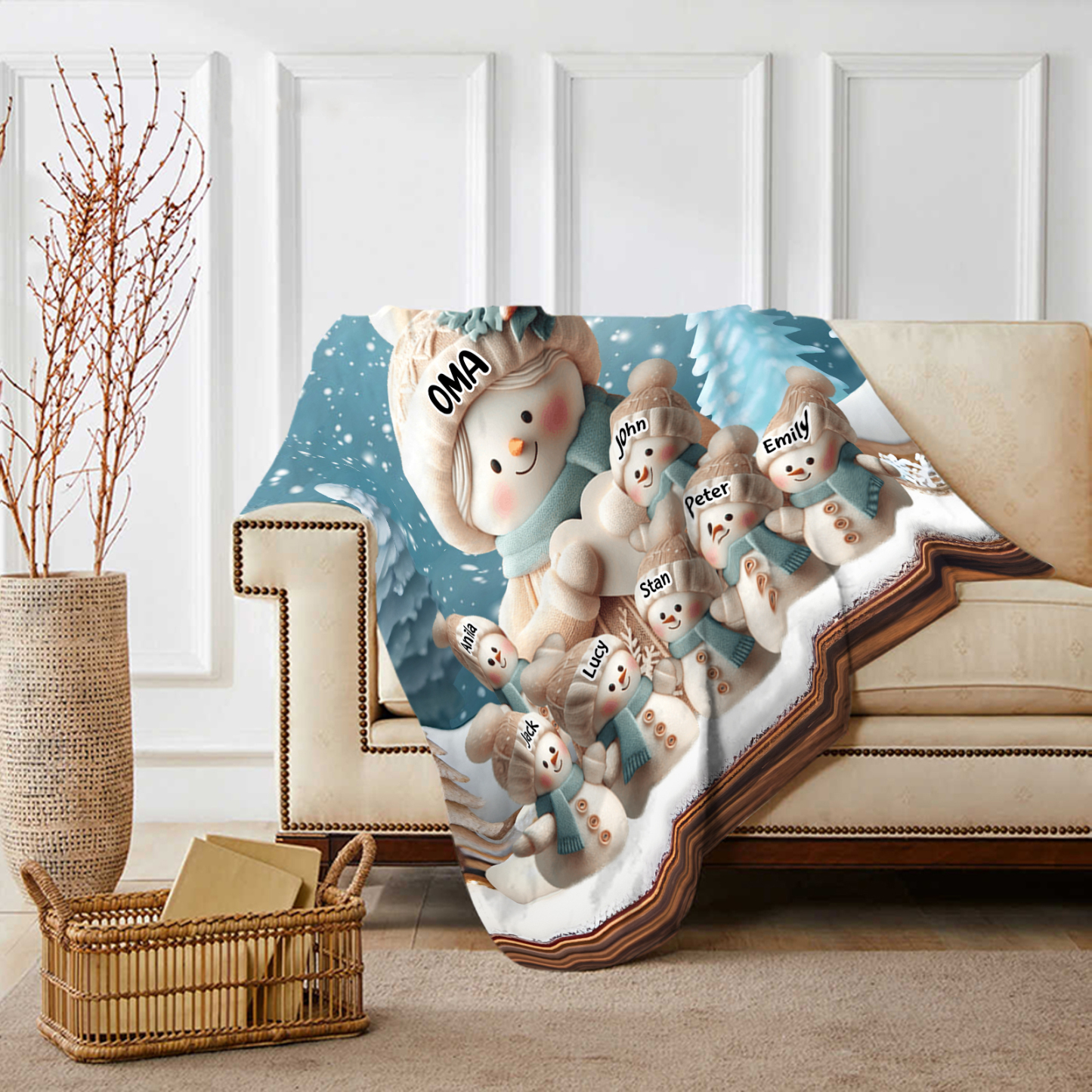 Personalisierte 8 Namen Flanell-Decke mit Schneemann –Oma & Enkelkinder– Kuschelige Decke für Oma Großmütter