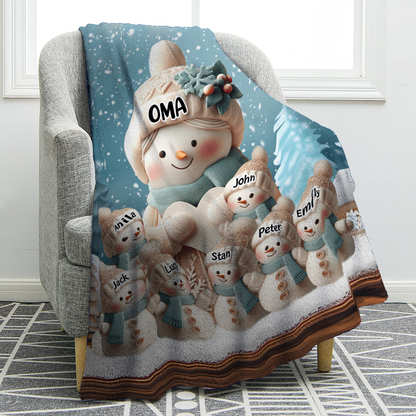 Personalisierte 8 Namen Flanell-Decke mit Schneemann –Oma & Enkelkinder– Kuschelige Decke für Oma Großmütter
