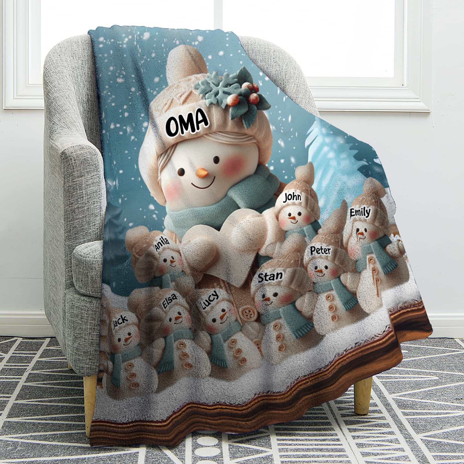 Personalisierte 9 Namen Flanell-Decke mit Schneemann –Oma & Enkelkinder– Kuschelige Decke für Oma Großmütter