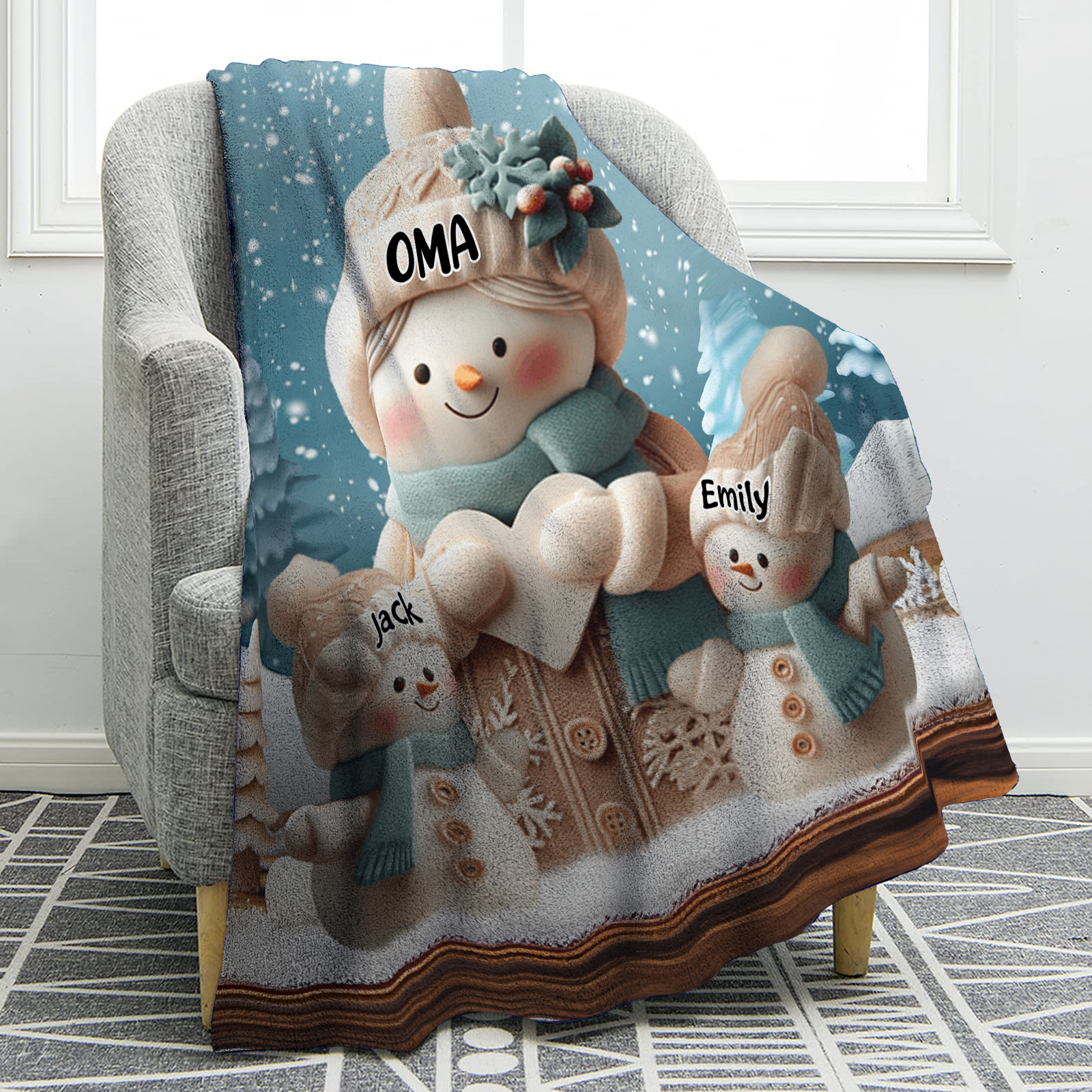 Personalisierte 3 Namen Flanell-Decke mit Schneemann –Oma & Enkelkinder– Kuschelige Decke für Oma Großmütter