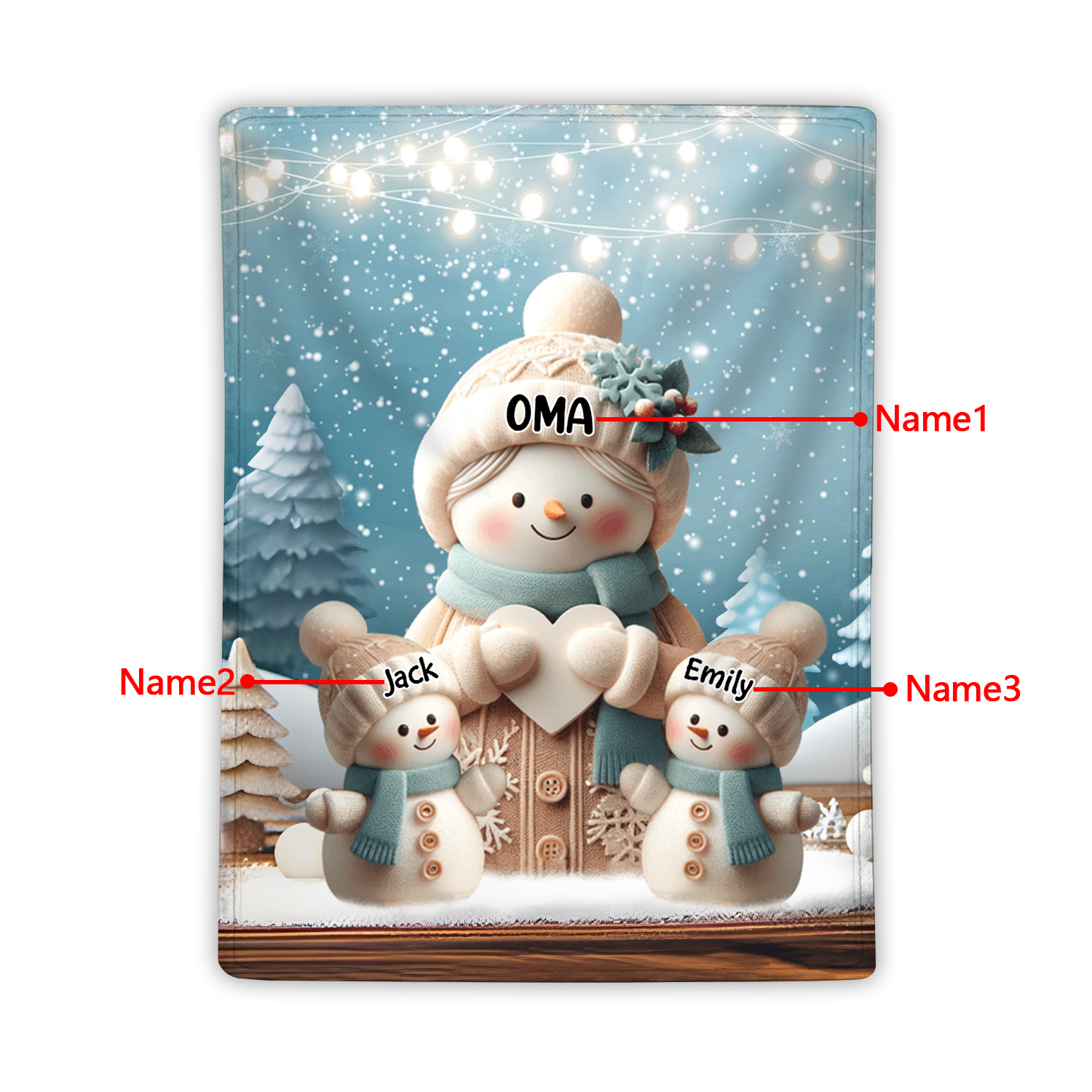 Personalisierte 3 Namen Flanell-Decke mit Schneemann –Oma & Enkelkinder– Kuschelige Decke für Oma Großmütter