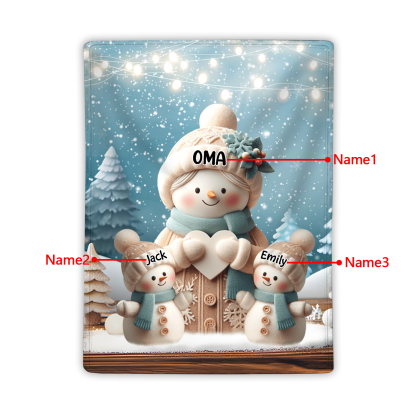 Personalisierte 3 Namen Flanell-Decke mit Schneemann –Oma & Enkelkinder– Kuschelige Decke für Oma Großmütter