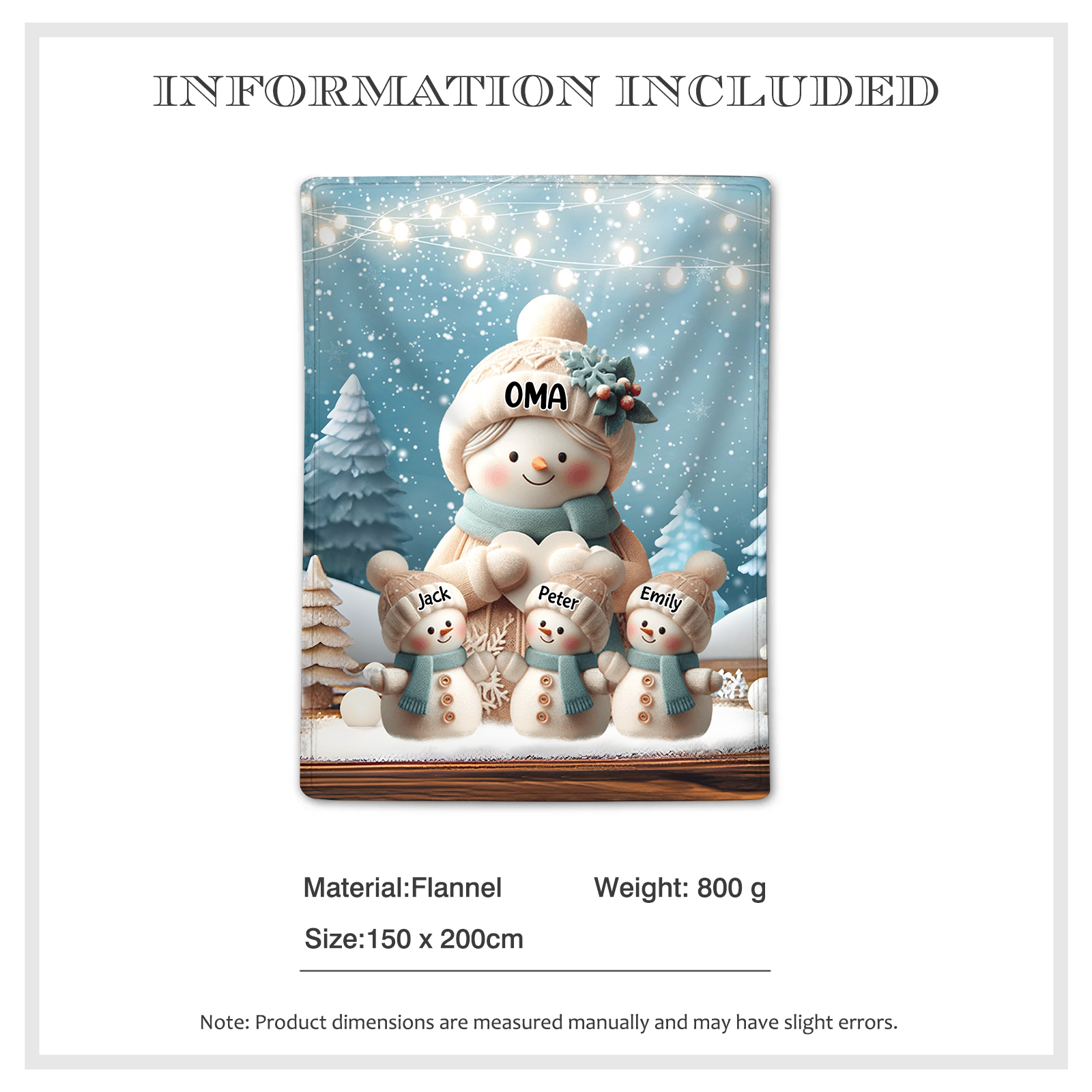 Personalisierte 4 Namen Flanell-Decke mit Schneemann –Oma & Enkelkinder– Kuschelige Decke für Oma Großmütter