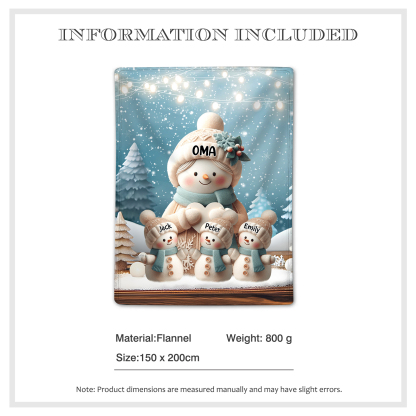 Personalisierte 4 Namen Flanell-Decke mit Schneemann –Oma & Enkelkinder– Kuschelige Decke für Oma Großmütter