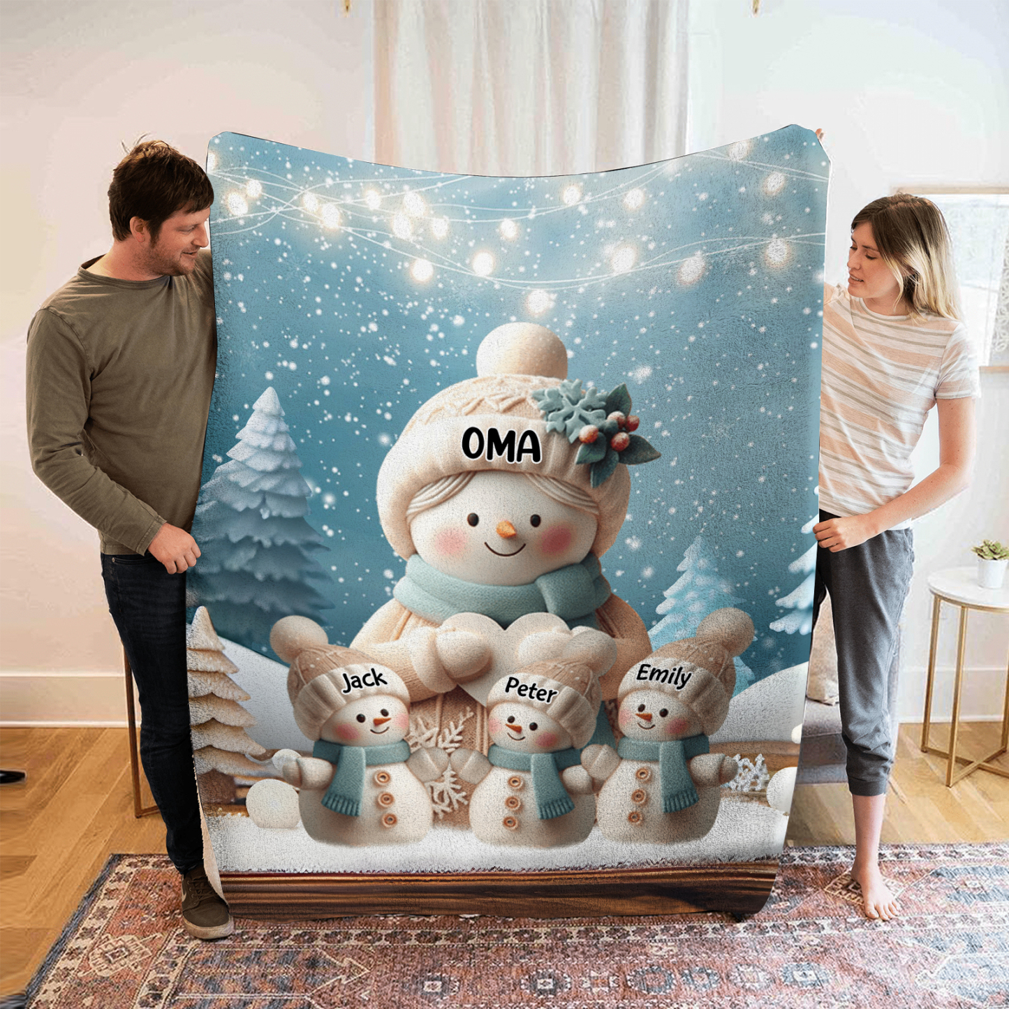 Personalisierte 4 Namen Flanell-Decke mit Schneemann –Oma & Enkelkinder– Kuschelige Decke für Oma Großmütter