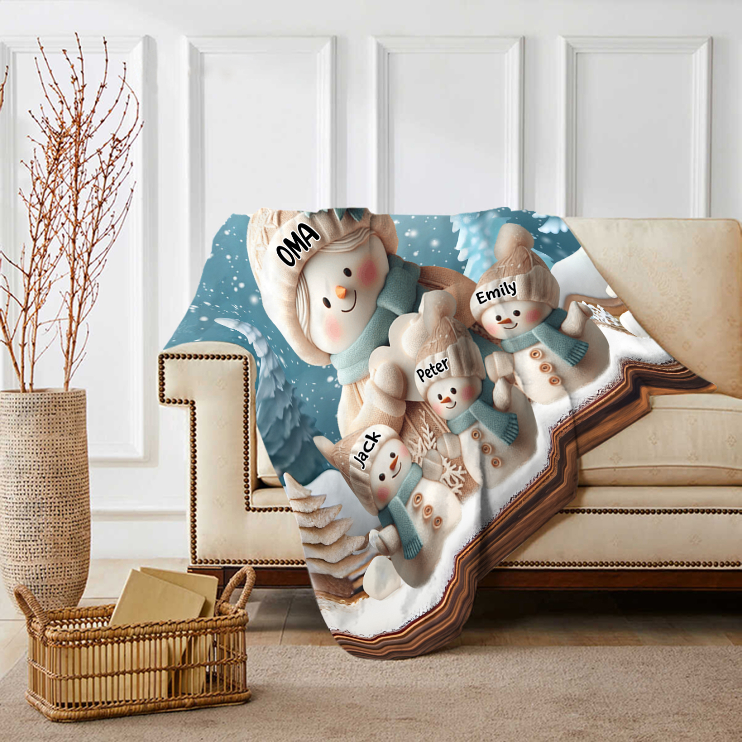 Personalisierte 4 Namen Flanell-Decke mit Schneemann –Oma & Enkelkinder– Kuschelige Decke für Oma Großmütter