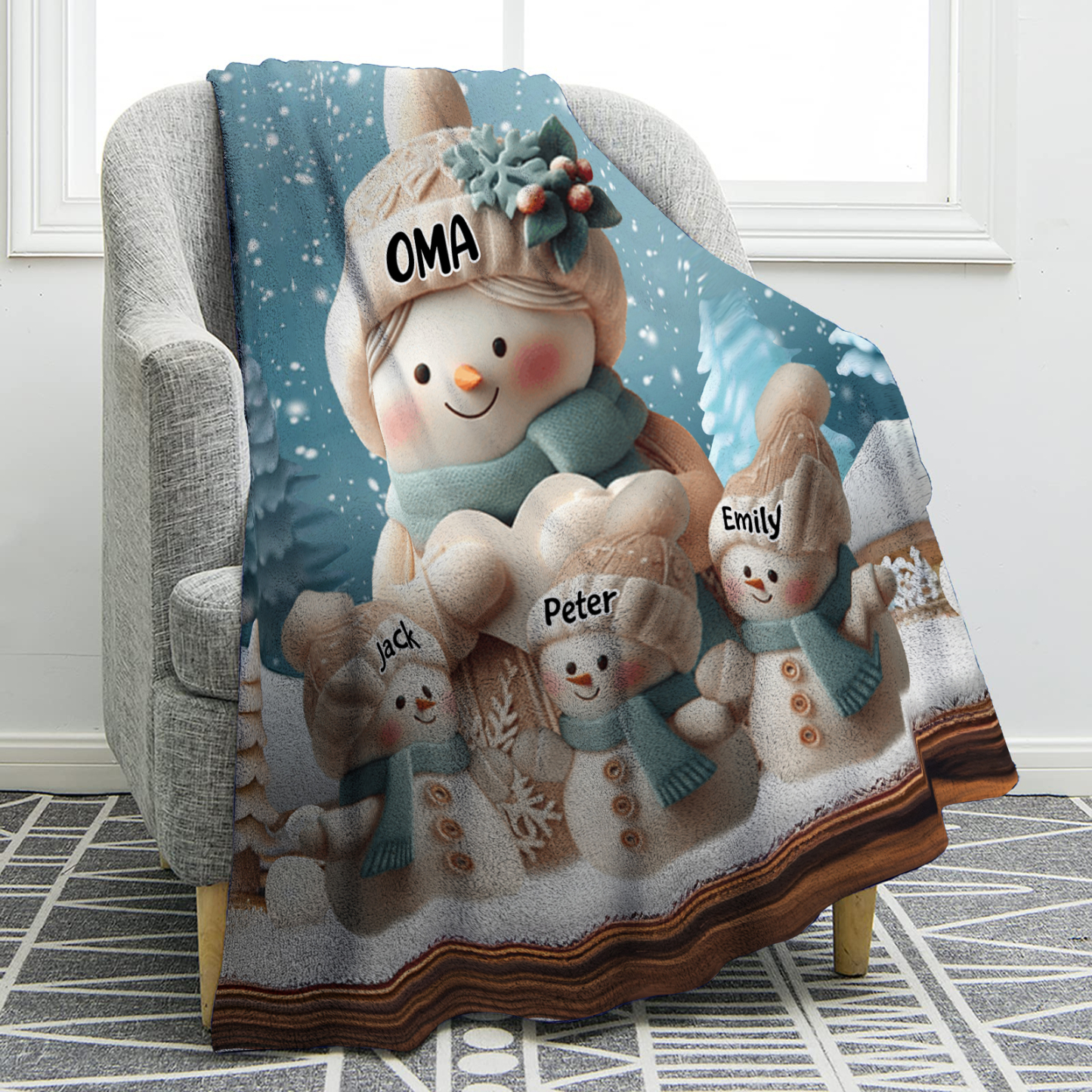 Personalisierte 4 Namen Flanell-Decke mit Schneemann –Oma & Enkelkinder– Kuschelige Decke für Oma Großmütter