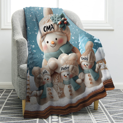 Personalisierte 4 Namen Flanell-Decke mit Schneemann –Oma & Enkelkinder– Kuschelige Decke für Oma Großmütter