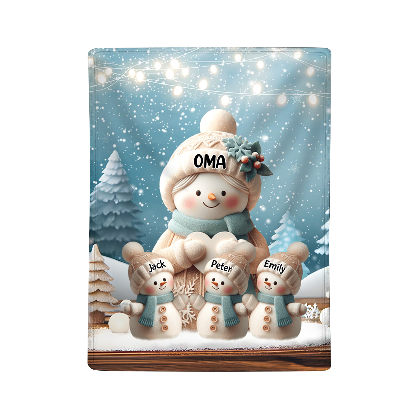 Personalisierte 4 Namen Flanell-Decke mit Schneemann –Oma & Enkelkinder– Kuschelige Decke für Oma Großmütter