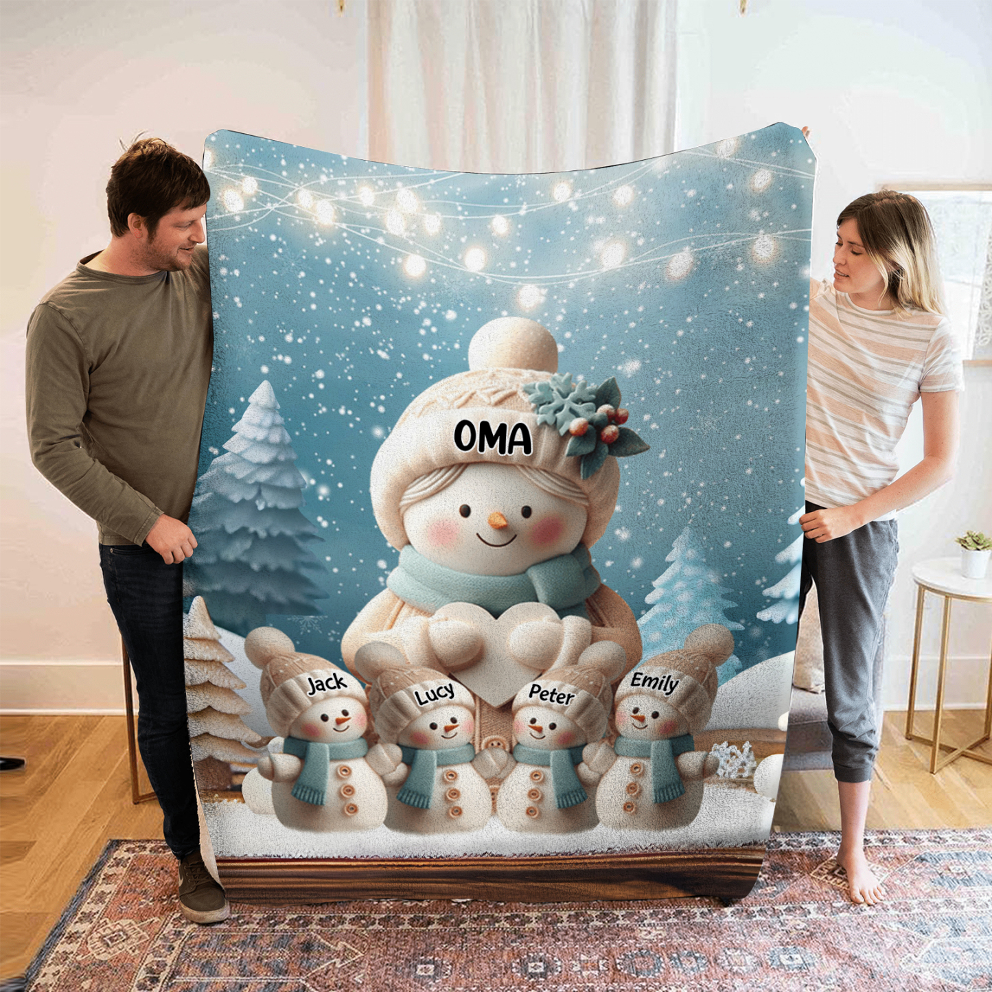 Personalisierte 5 Namen Flanell-Decke mit Schneemann –Oma & Enkelkinder– Kuschelige Decke für Oma Großmütter