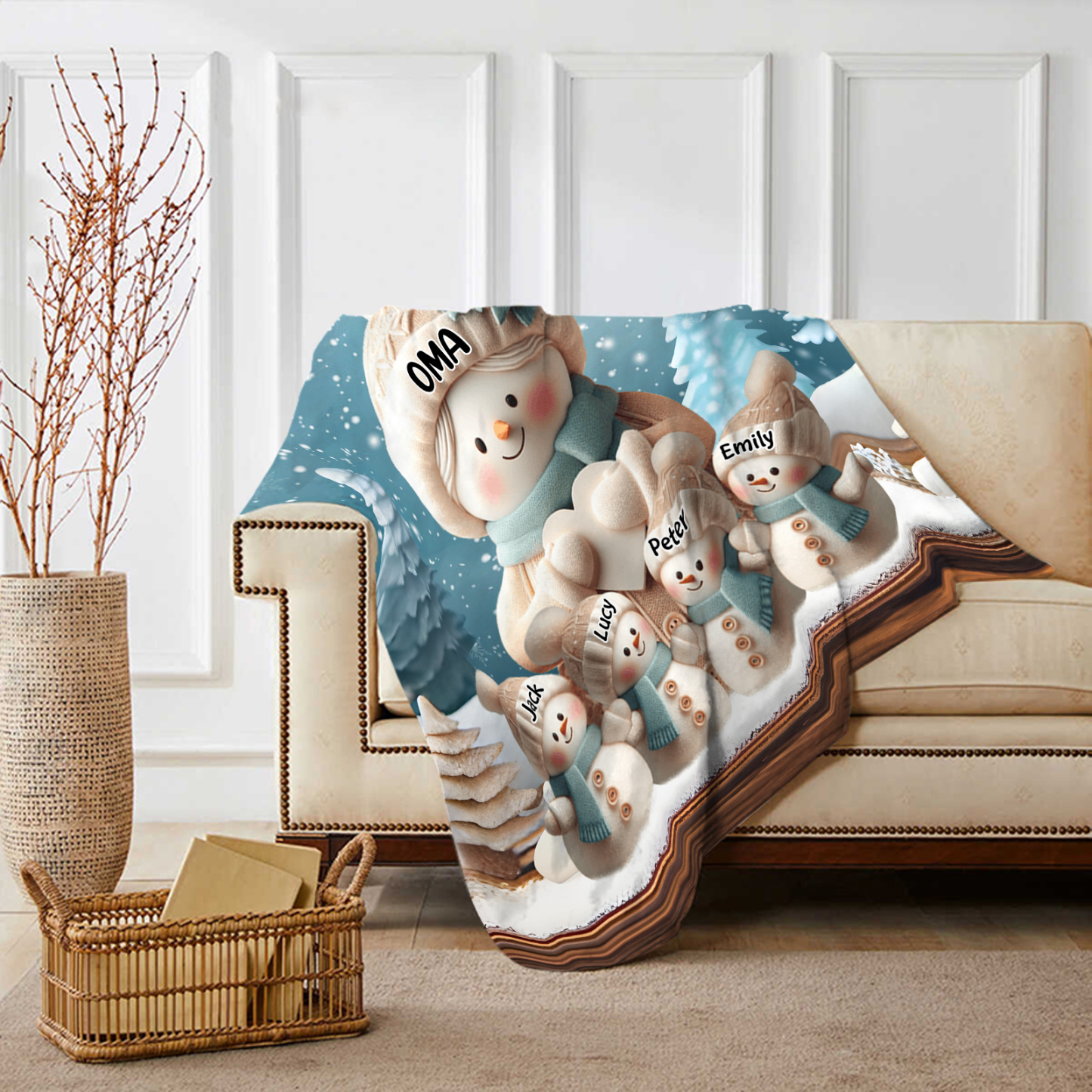 Personalisierte 5 Namen Flanell-Decke mit Schneemann –Oma & Enkelkinder– Kuschelige Decke für Oma Großmütter