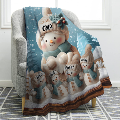 Personalisierte 5 Namen Flanell-Decke mit Schneemann –Oma & Enkelkinder– Kuschelige Decke für Oma Großmütter