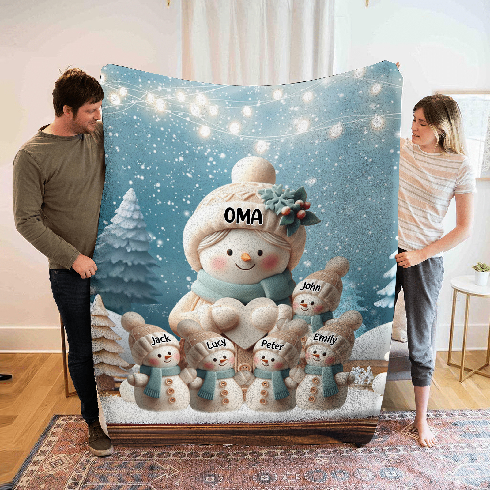 Personalisierte 6 Namen Flanell-Decke mit Schneemann –Oma & Enkelkinder– Kuschelige Decke für Oma Großmütter
