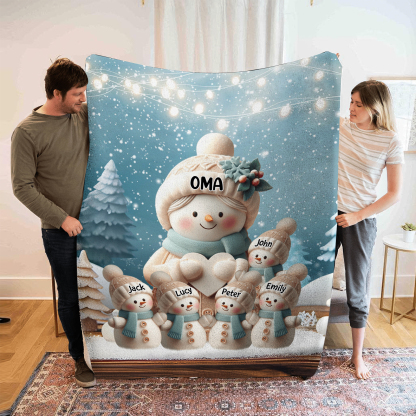 Personalisierte 6 Namen Flanell-Decke mit Schneemann –Oma & Enkelkinder– Kuschelige Decke für Oma Großmütter