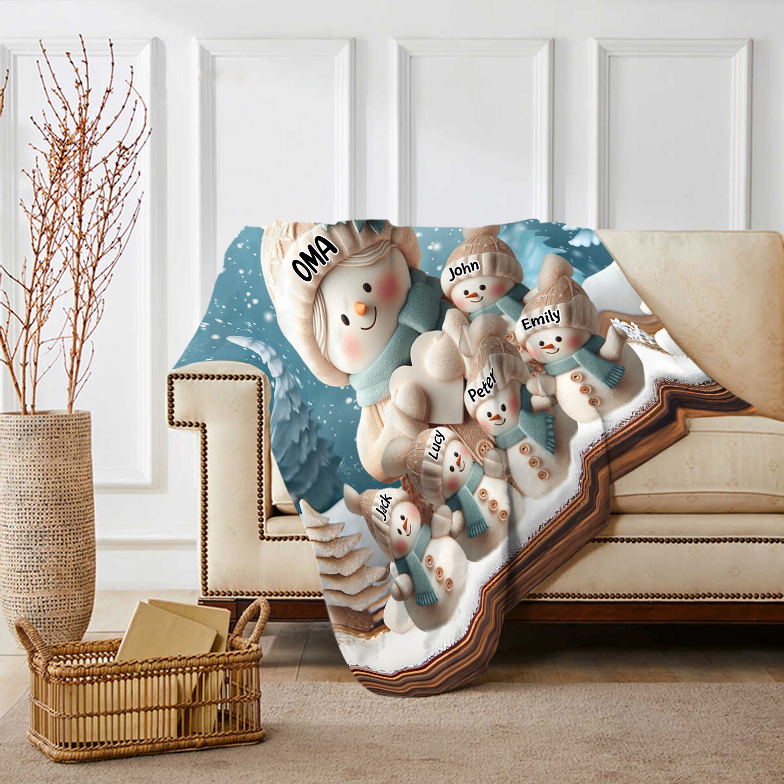Personalisierte 6 Namen Flanell-Decke mit Schneemann –Oma & Enkelkinder– Kuschelige Decke für Oma Großmütter