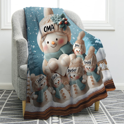 Personalisierte 6 Namen Flanell-Decke mit Schneemann –Oma & Enkelkinder– Kuschelige Decke für Oma Großmütter