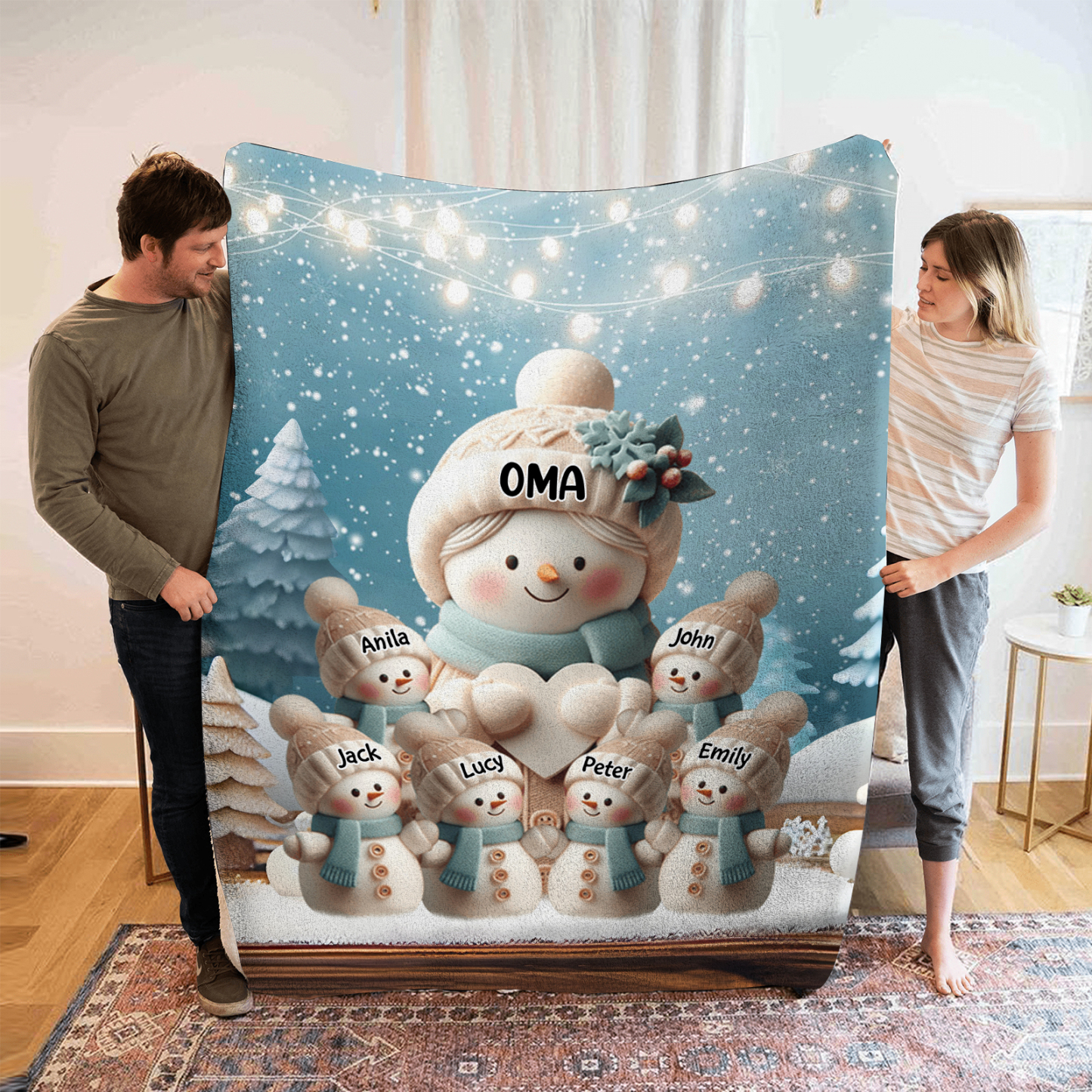 Personalisierte 7 Namen Flanell-Decke mit Schneemann –Oma & Enkelkinder– Kuschelige Decke für Oma Großmütter