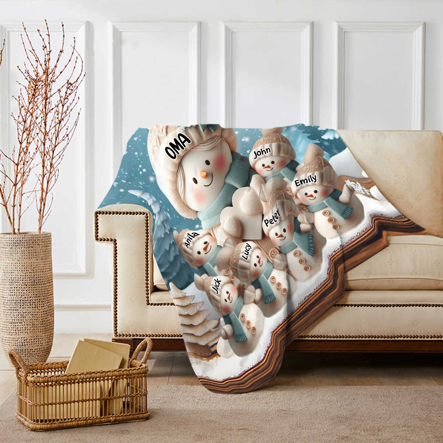 Personalisierte 7 Namen Flanell-Decke mit Schneemann –Oma & Enkelkinder– Kuschelige Decke für Oma Großmütter