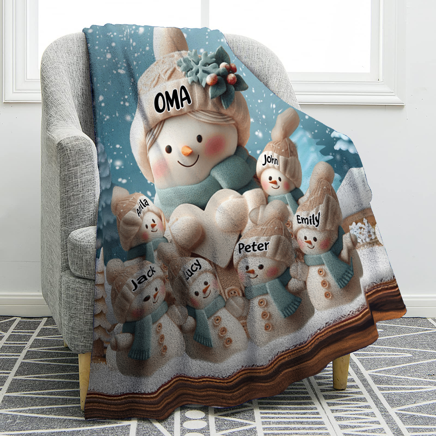 Personalisierte 7 Namen Flanell-Decke mit Schneemann –Oma & Enkelkinder– Kuschelige Decke für Oma Großmütter