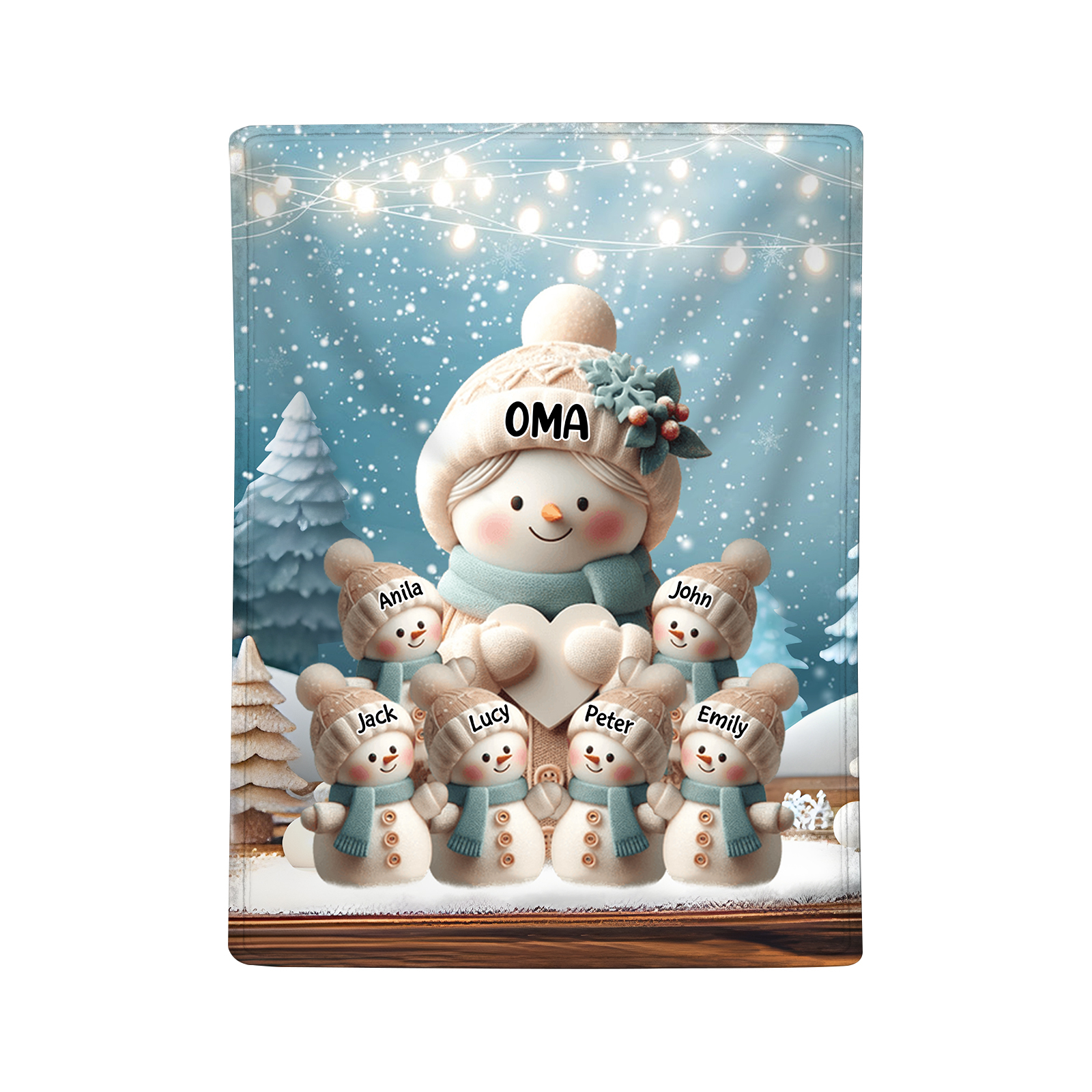 Personalisierte 7 Namen Flanell-Decke mit Schneemann –Oma & Enkelkinder– Kuschelige Decke für Oma Großmütter