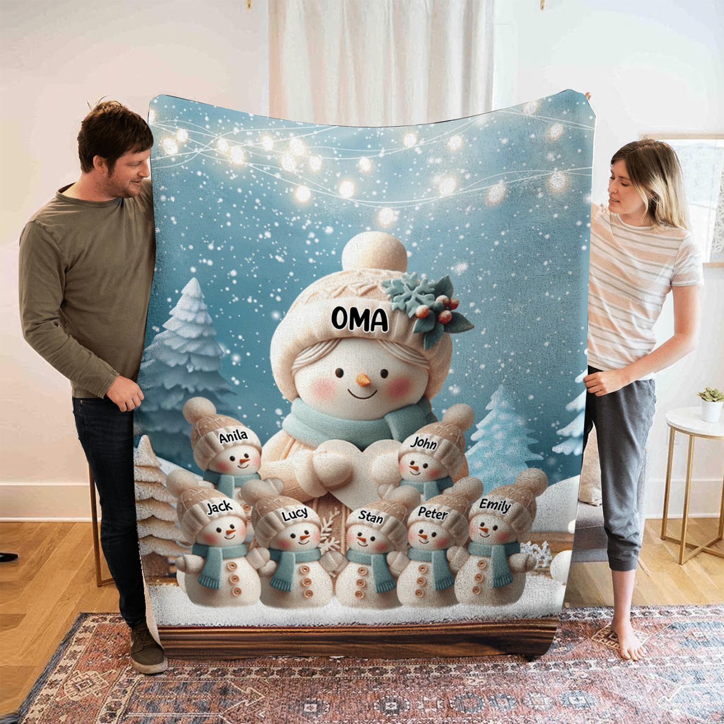 Personalisierte 8 Namen Flanell-Decke mit Schneemann –Oma & Enkelkinder– Kuschelige Decke für Oma Großmütter