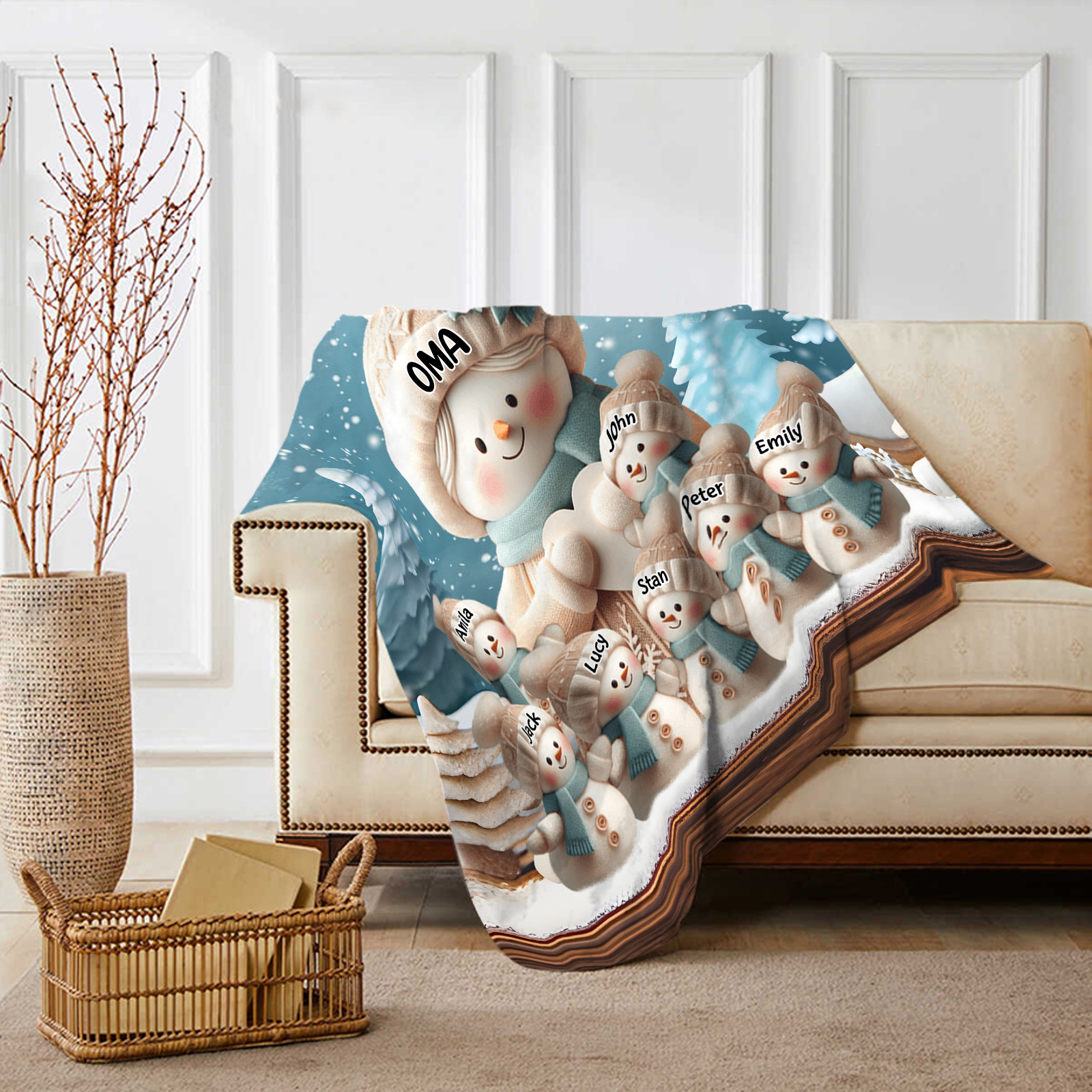 Personalisierte 8 Namen Flanell-Decke mit Schneemann –Oma & Enkelkinder– Kuschelige Decke für Oma Großmütter