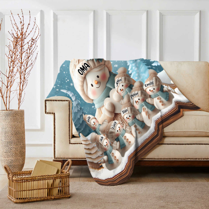 Personalisierte 8 Namen Flanell-Decke mit Schneemann –Oma & Enkelkinder– Kuschelige Decke für Oma Großmütter