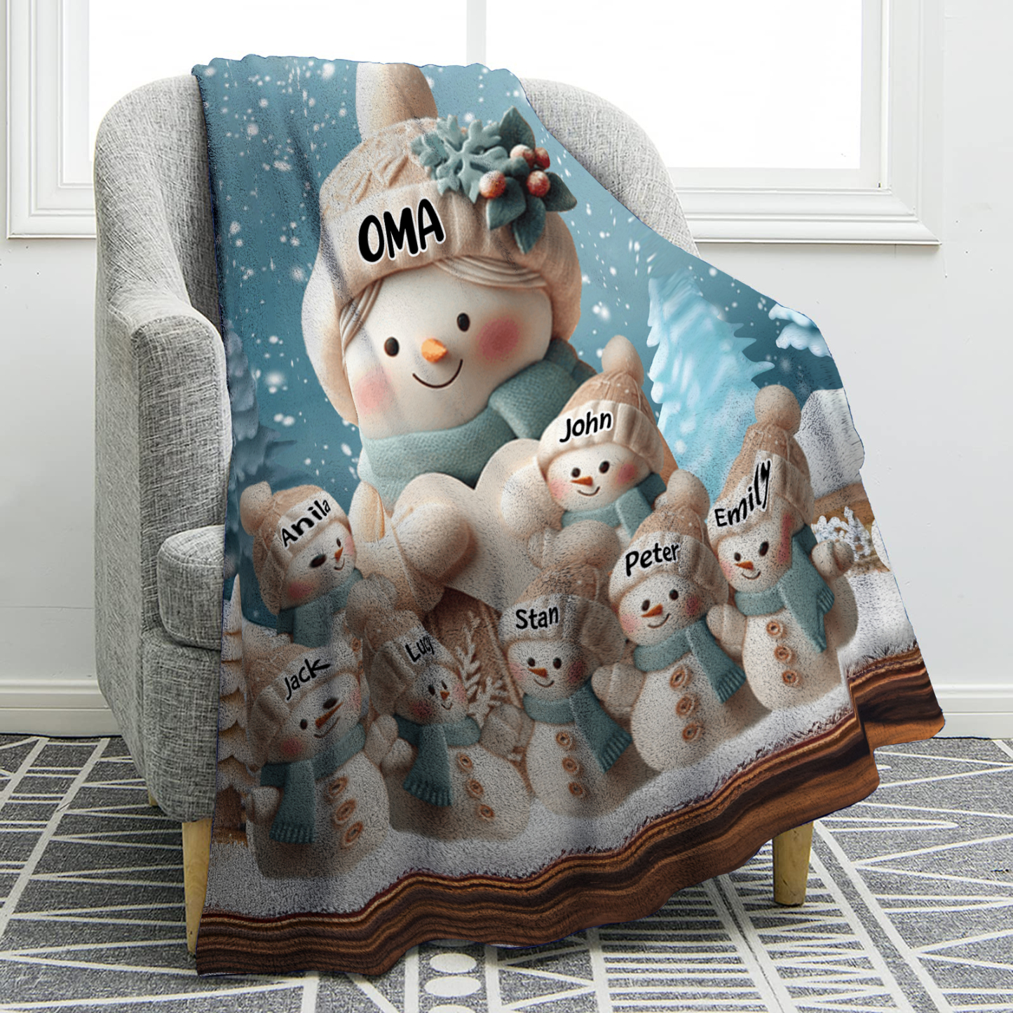Personalisierte 8 Namen Flanell-Decke mit Schneemann –Oma & Enkelkinder– Kuschelige Decke für Oma Großmütter