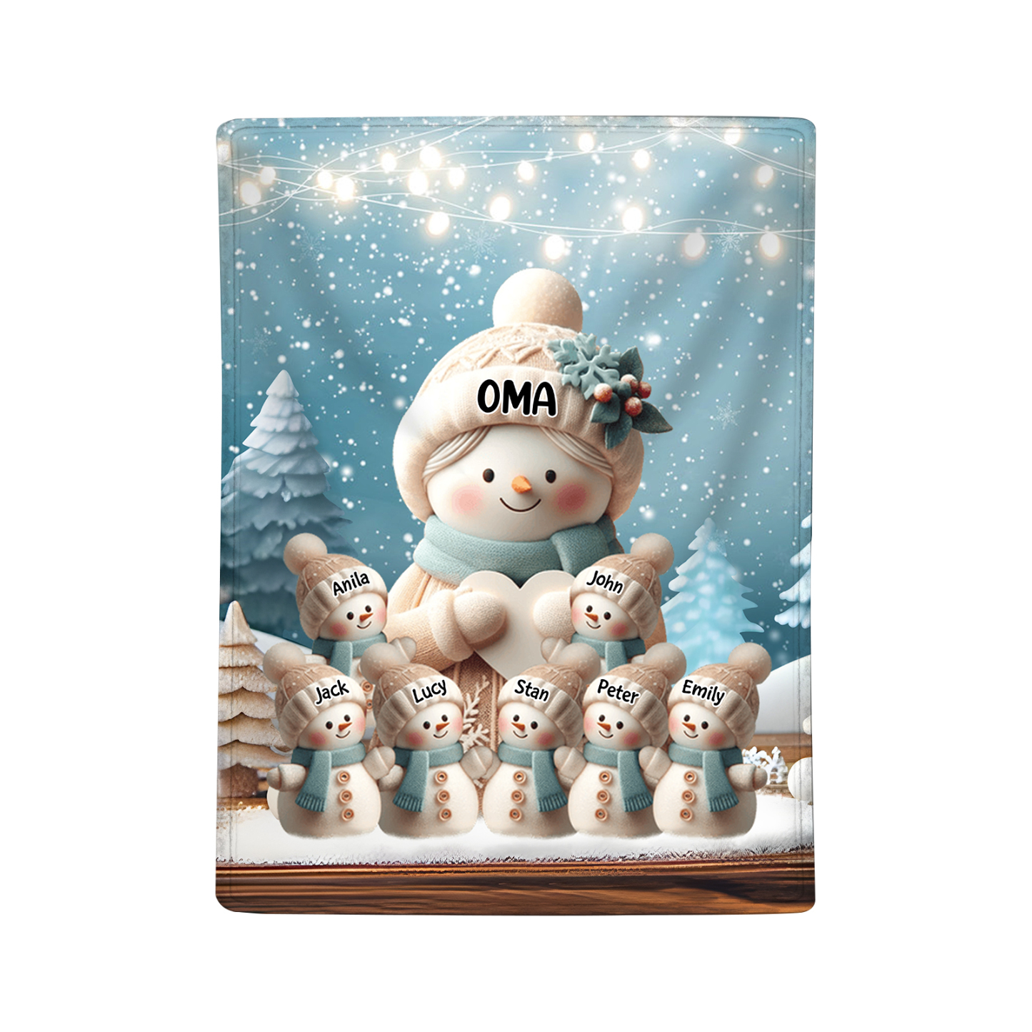 Personalisierte 8 Namen Flanell-Decke mit Schneemann –Oma & Enkelkinder– Kuschelige Decke für Oma Großmütter