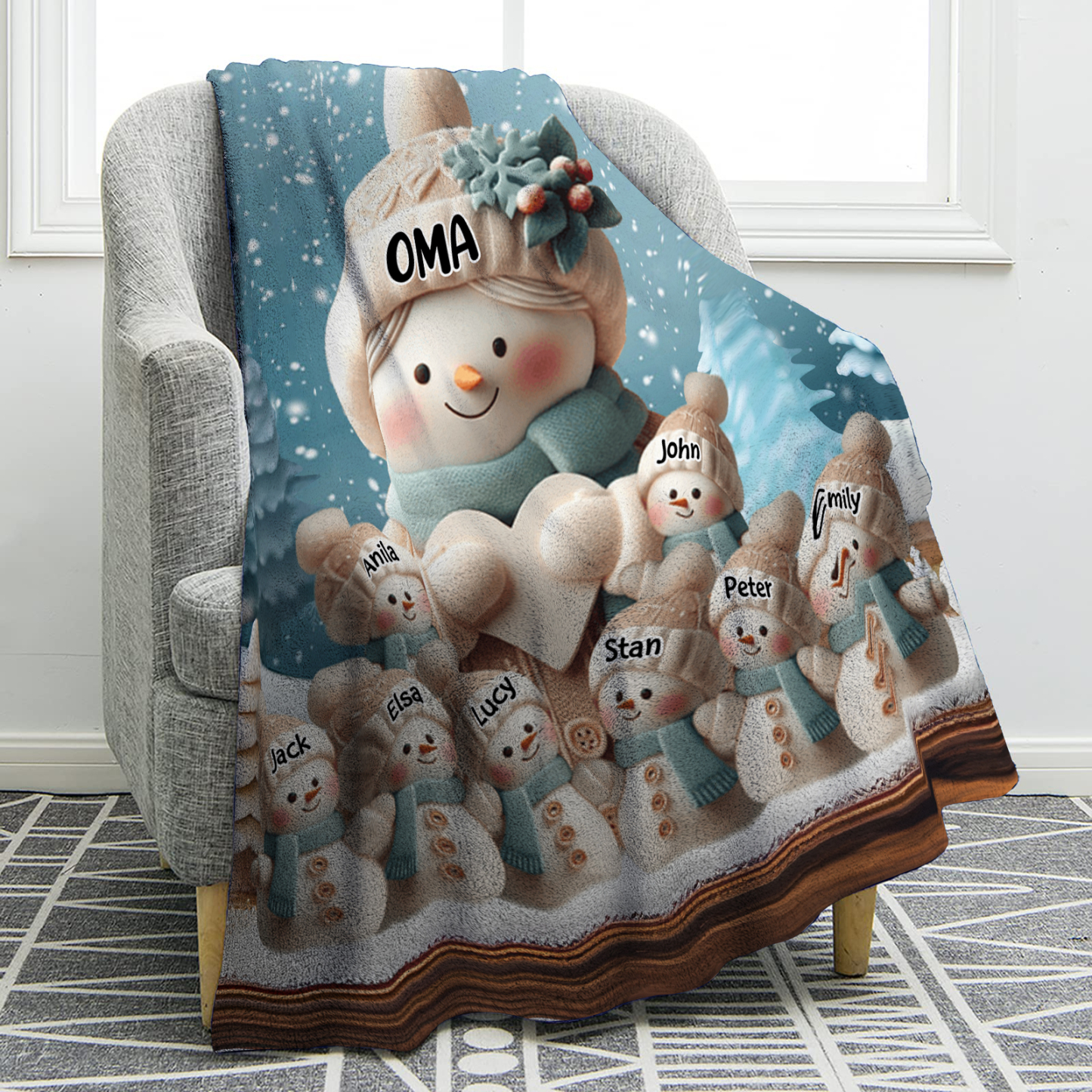 Personalisierte 9 Namen Flanell-Decke mit Schneemann –Oma & Enkelkinder– Kuschelige Decke für Oma Großmütter