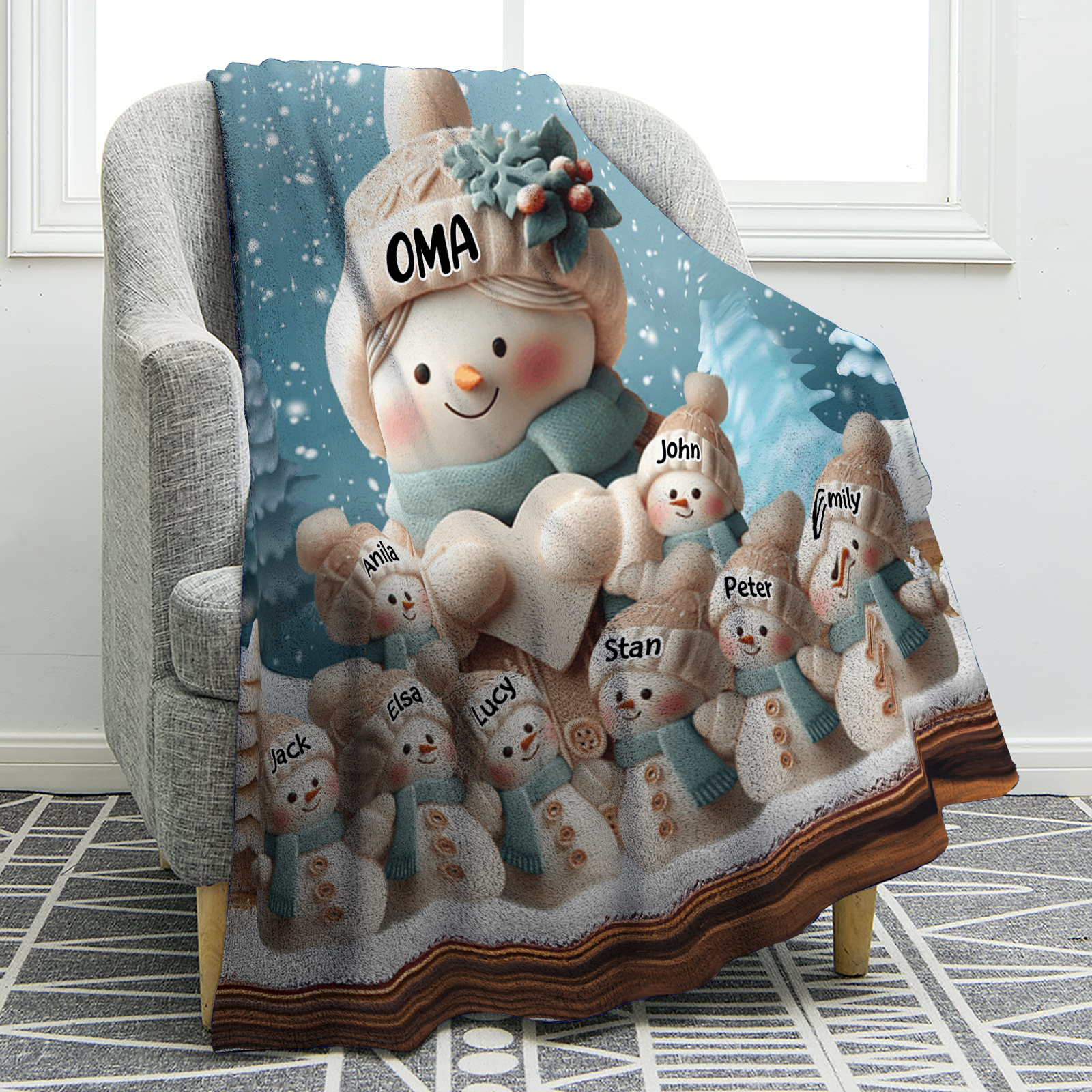 Personalisierte 9 Namen Flanell-Decke mit Schneemann –Oma & Enkelkinder– Kuschelige Decke für Oma Großmütter