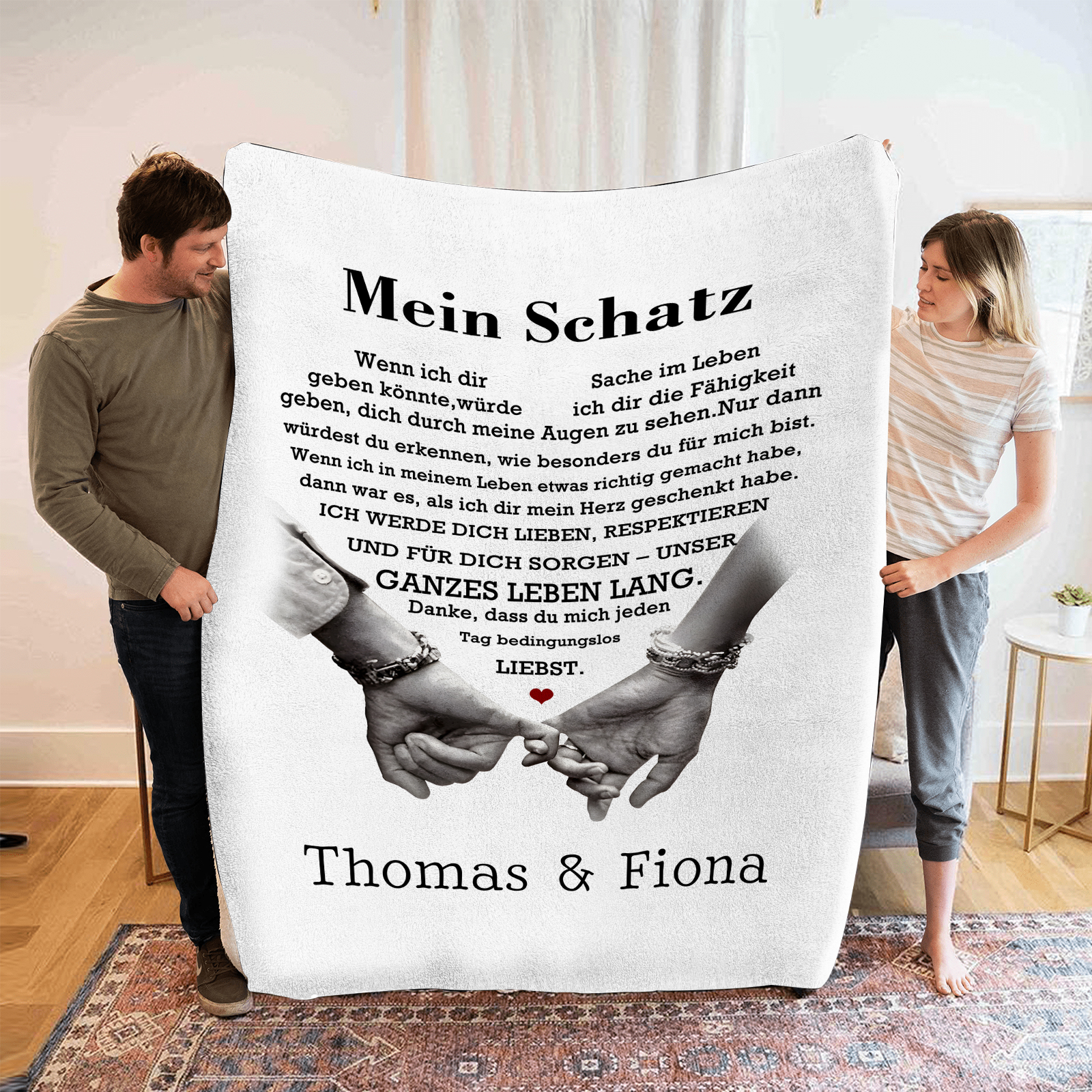 Personalisierte 2 Namen Flanell-Decke mit romantischer Liebesbotschaft – Kuschelige Decke für Paar