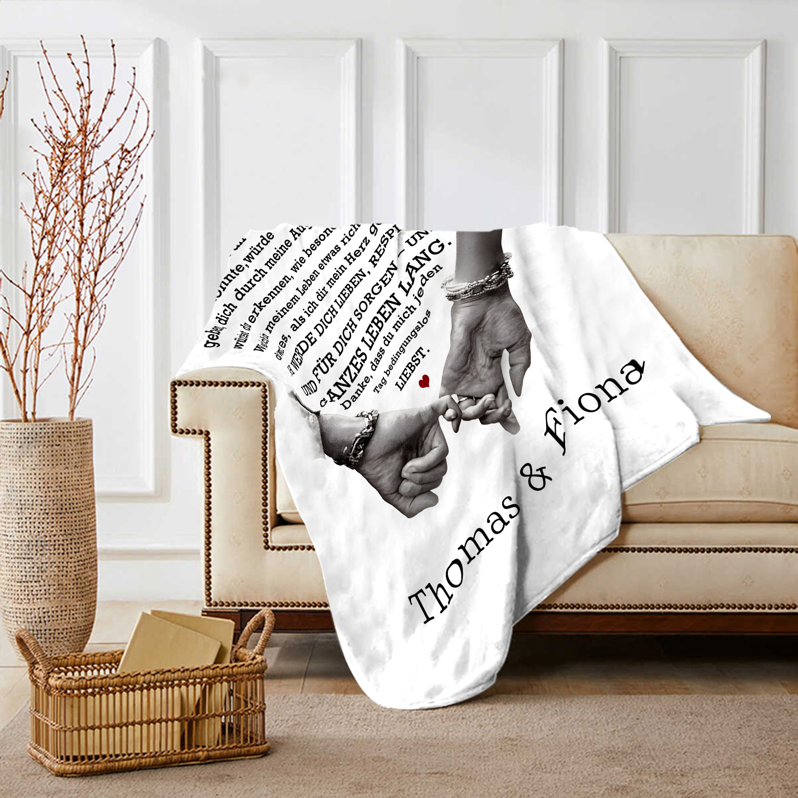 Personalisierte 2 Namen Flanell-Decke mit romantischer Liebesbotschaft – Kuschelige Decke für Paar