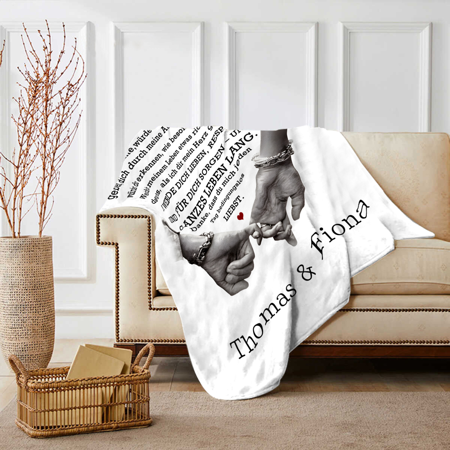 Personalisierte 2 Namen Flanell-Decke mit romantischer Liebesbotschaft – Kuschelige Decke für Paar