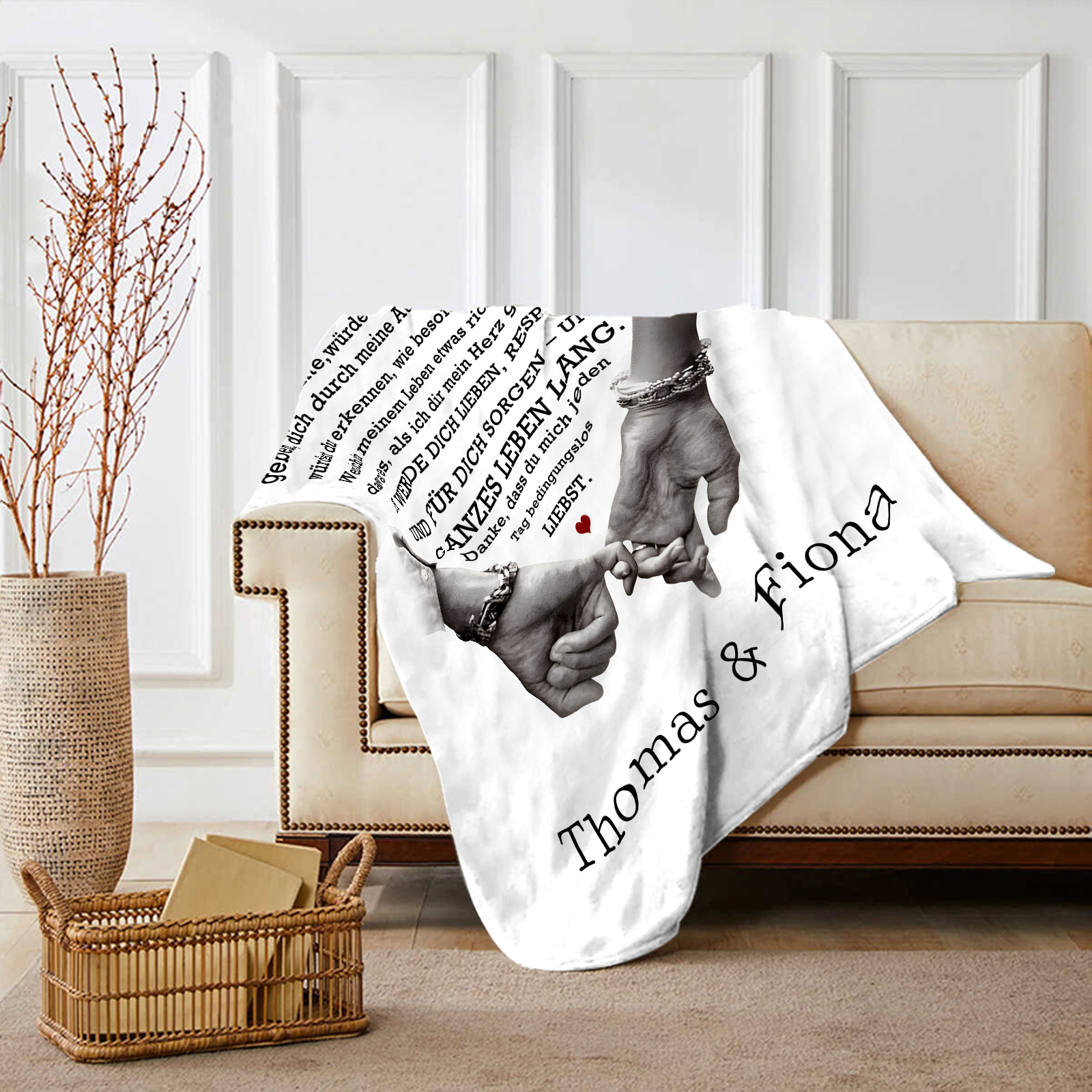 Personalisierte 2 Namen Flanell-Decke mit romantischer Liebesbotschaft – Kuschelige Decke für Paar