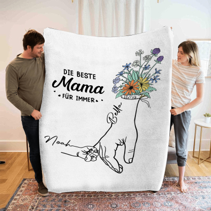 Personalisierte 2-8 Namen Hand-in-Hand Flanell Decke –Die beste Mama für immer – Kuscheliges Geschenk für Mutter Familie