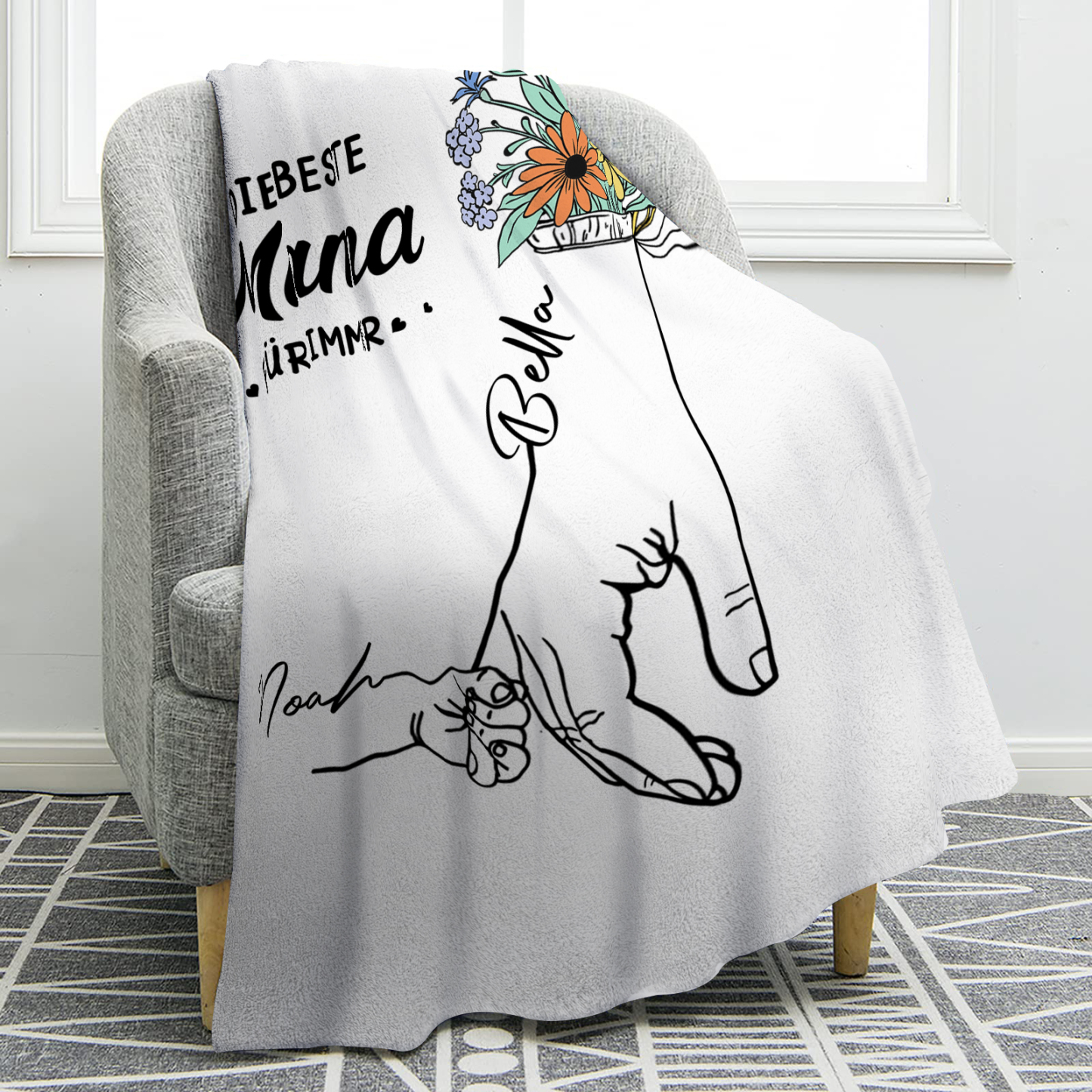Personalisierte 2-8 Namen Hand-in-Hand Flanell Decke –Die beste Mama für immer – Kuscheliges Geschenk für Mutter Familie